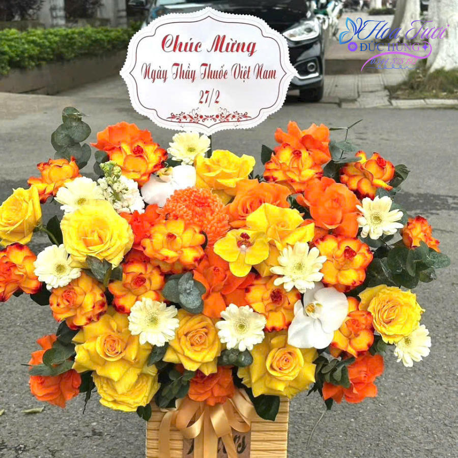 Giỏ Hoa Hồng Cam Khai Trương